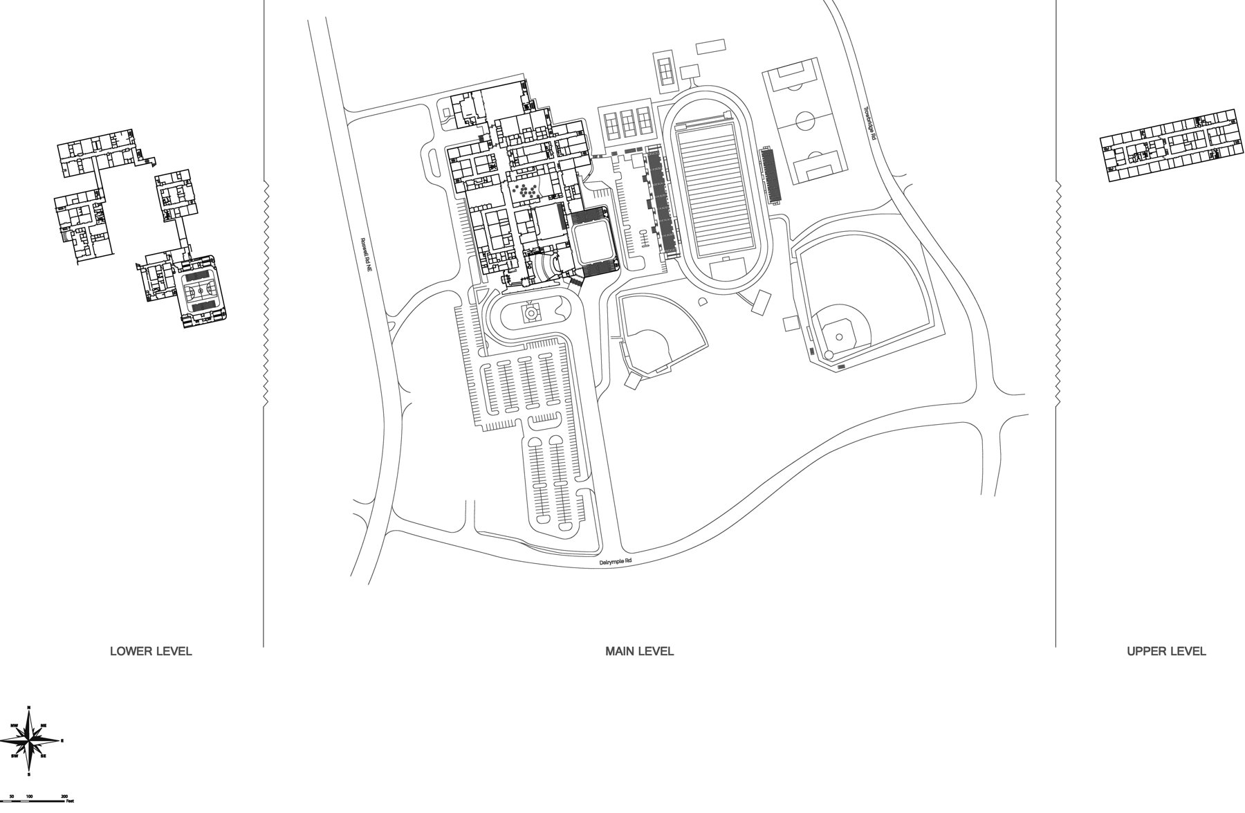 School campus site plan with lower, main and upper levels