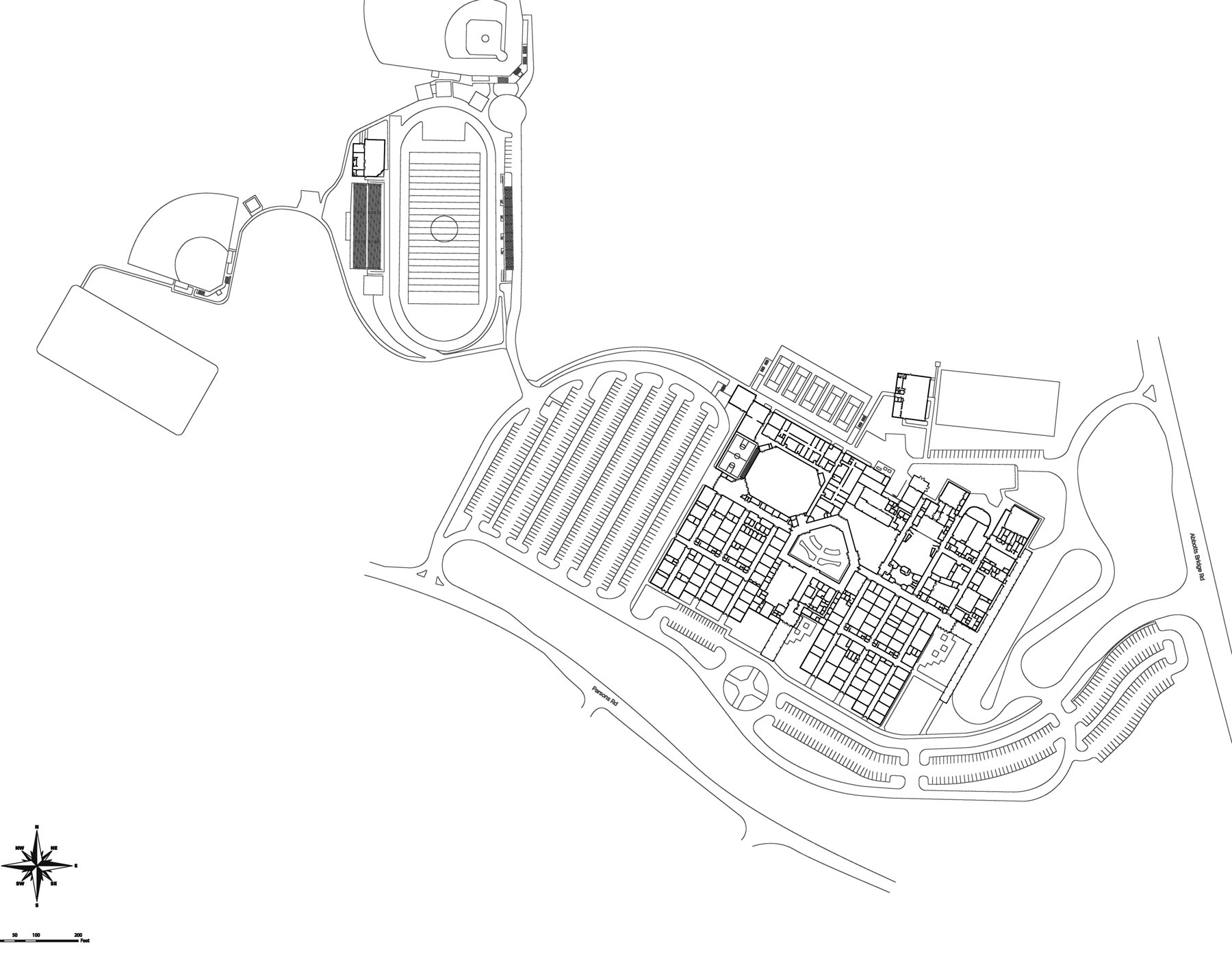 Campus site plan with sports fields and parking