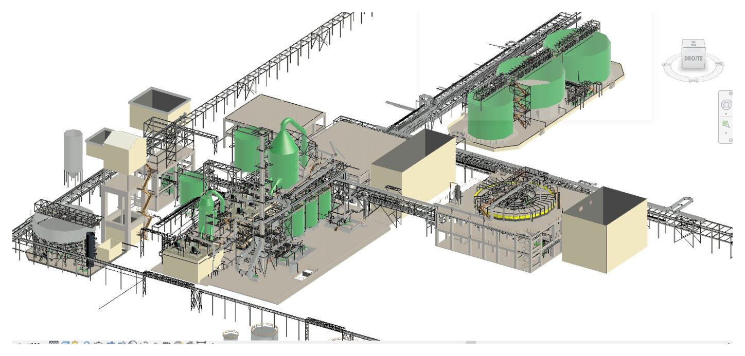 Revit model of an industrial plant with tanks, piping and pipe racks