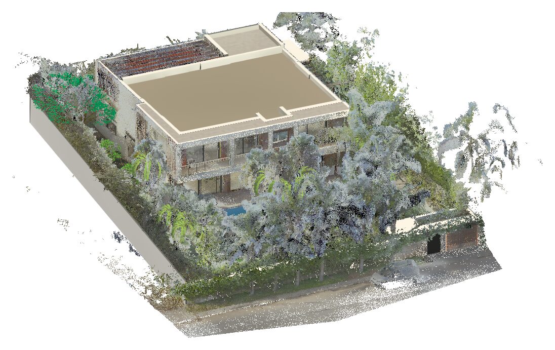 Point cloud of a villa with its garden and pool