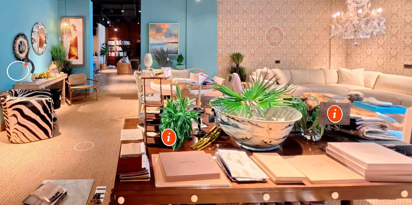 360° virtual tour of a furniture showroom with info hotspots