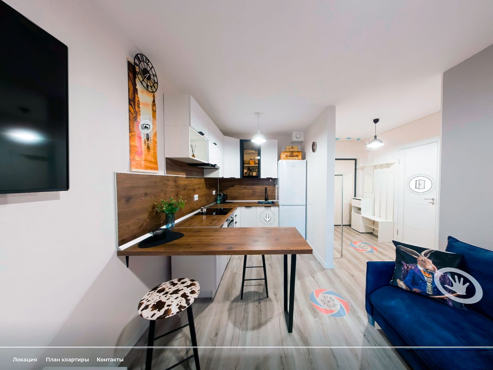 360° virtual tour of an apartment kitchen and living area