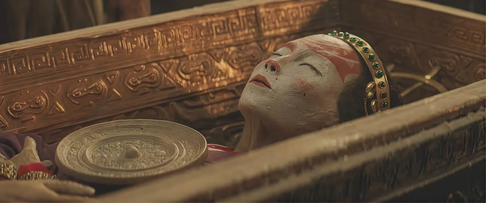 Film set detail: a costumed performer lying in an ornate gilded sarcophagus
