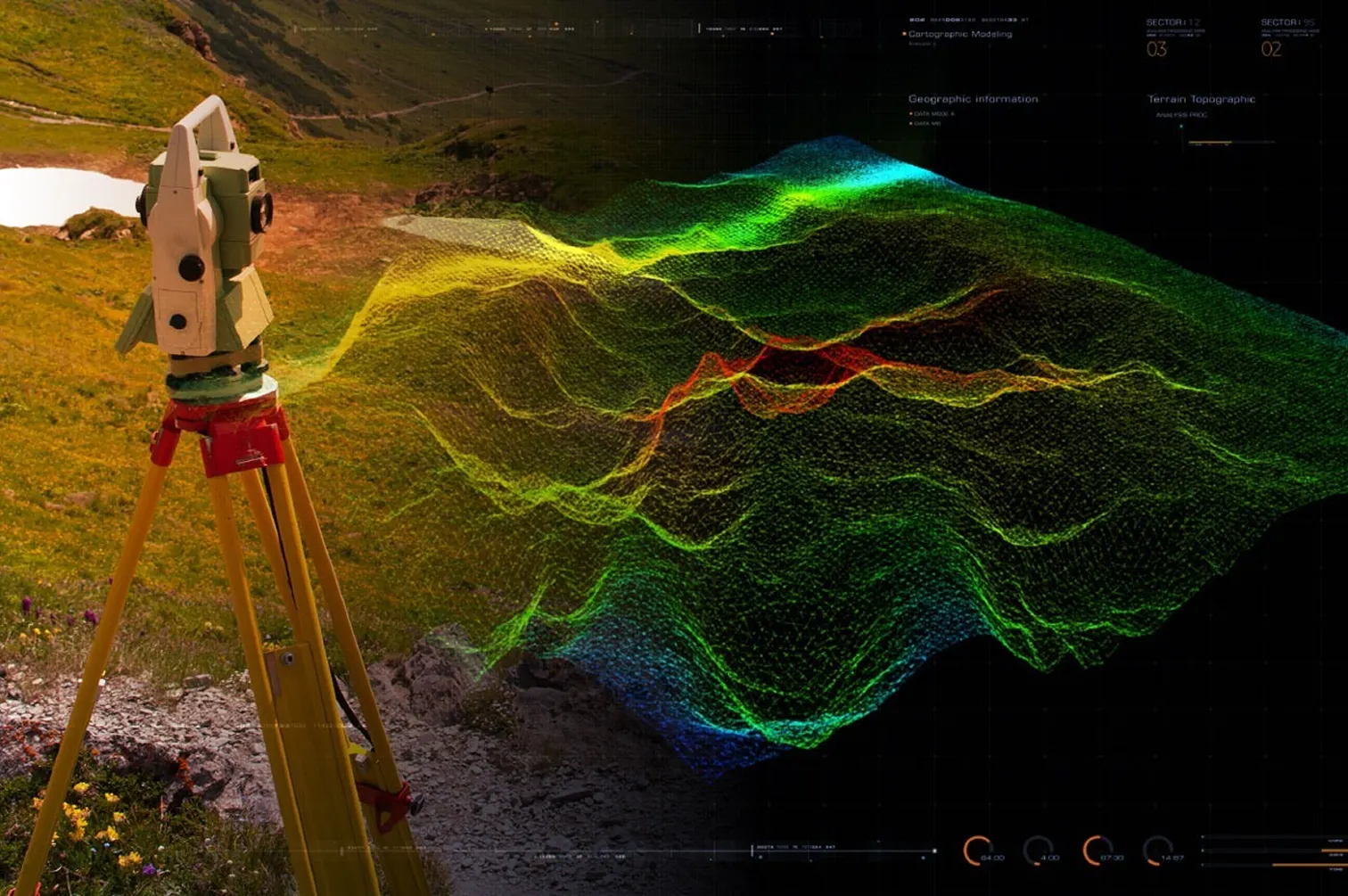 Total station in front of a colourised terrain point cloud