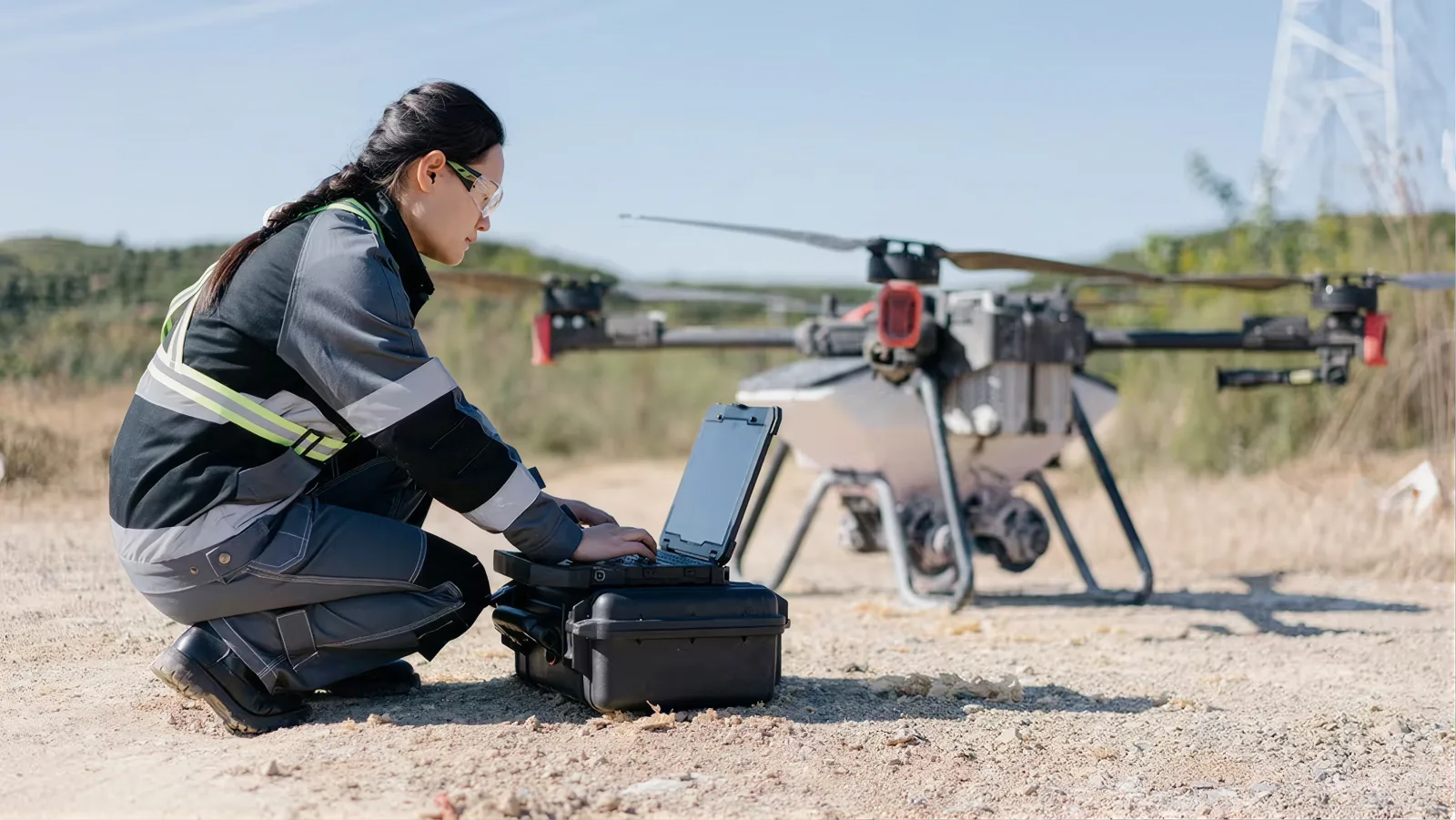 Operator preparing a survey drone from a rugged laptop on open ground