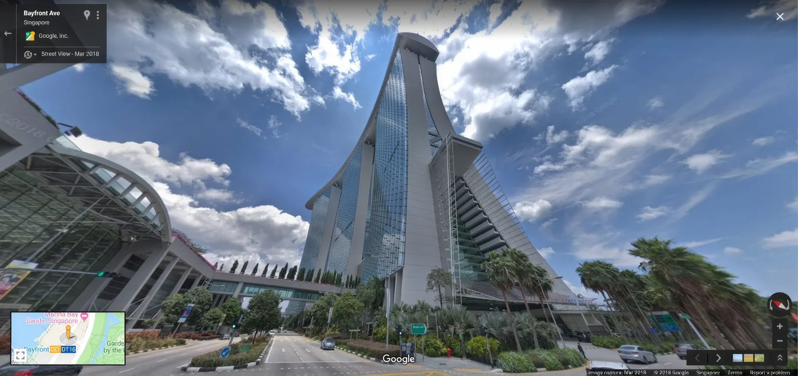 Google Street View imagery of a Singapore landmark shown in the Street View interface