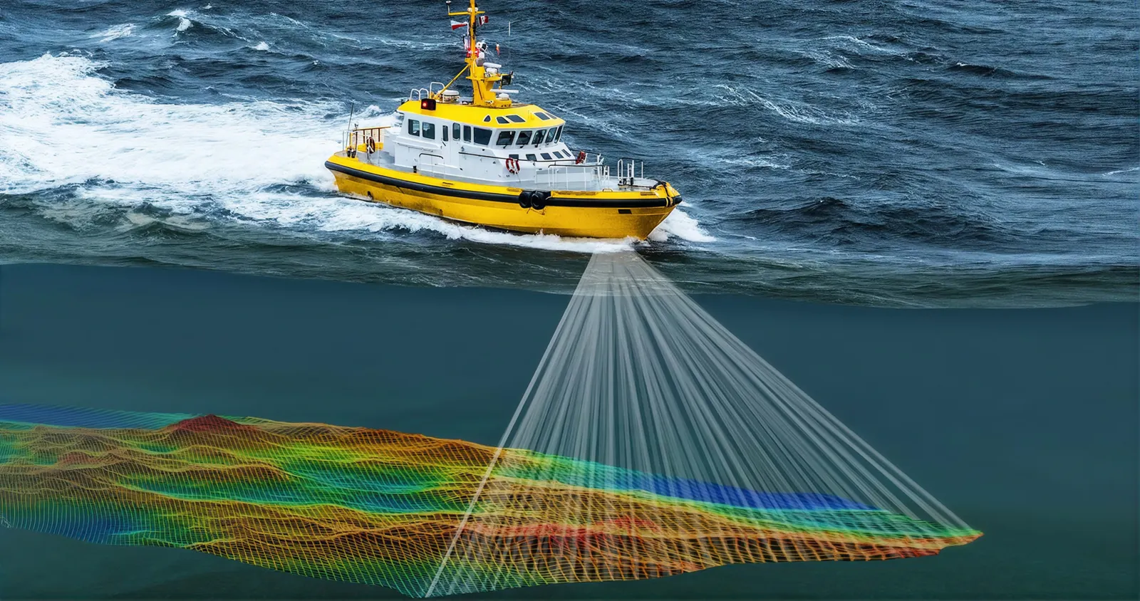Survey vessel with a multibeam echo sounder sweeping the seabed