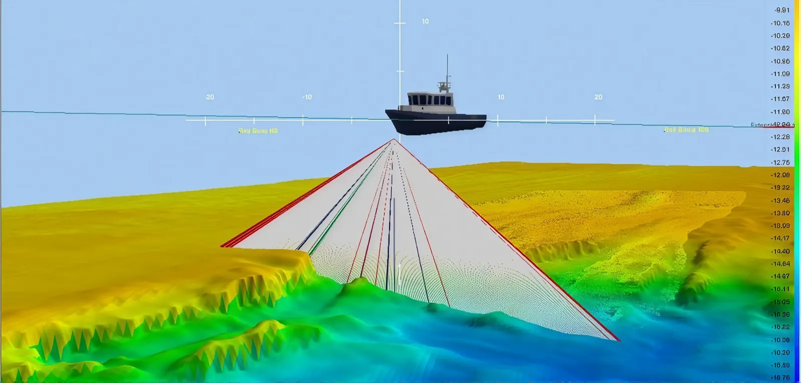 Colour-coded seabed surface surveyed by a vessel's sonar swath