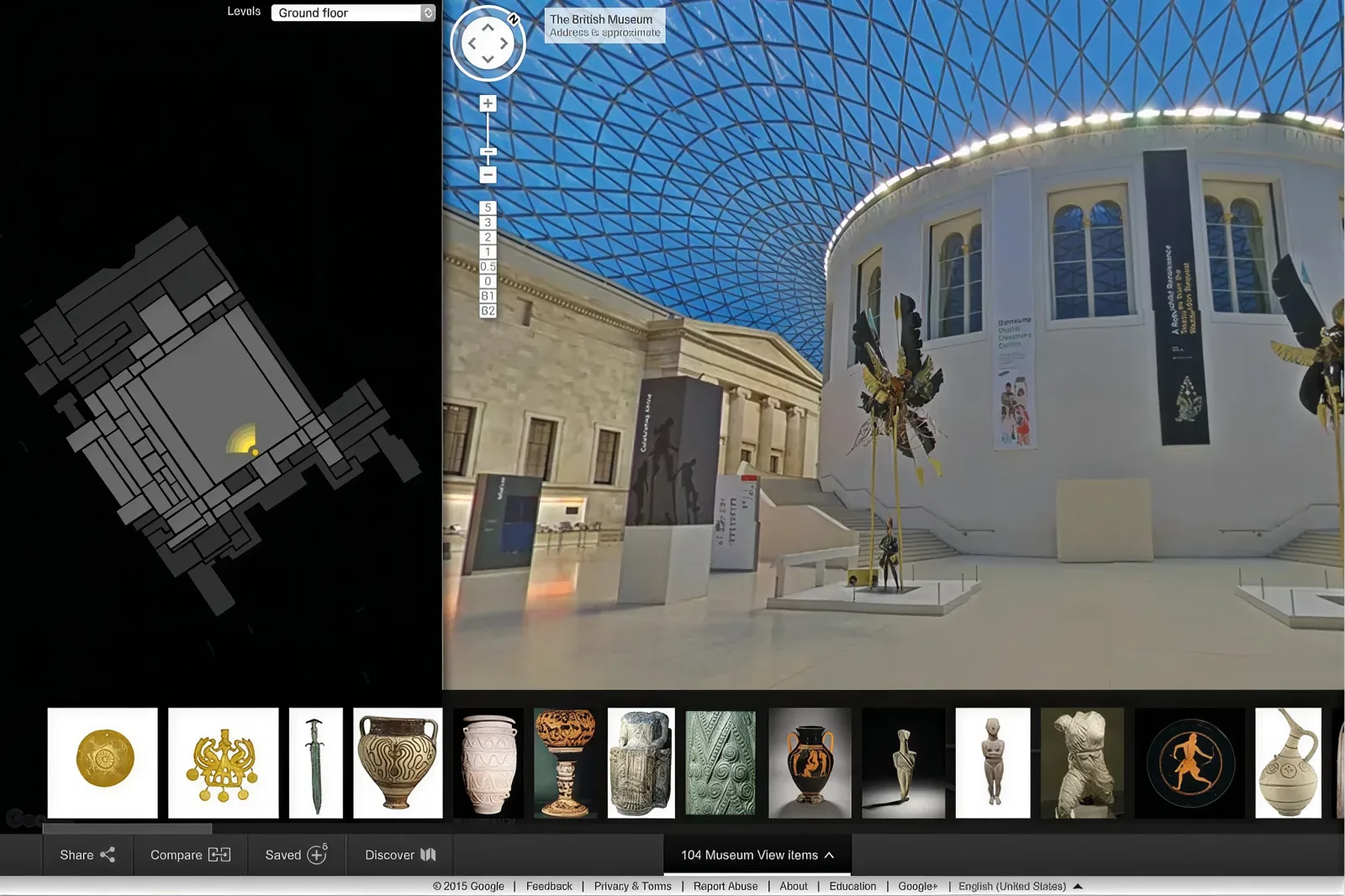 Virtual tour interface showing a museum interior with a floor plan and exhibit thumbnails