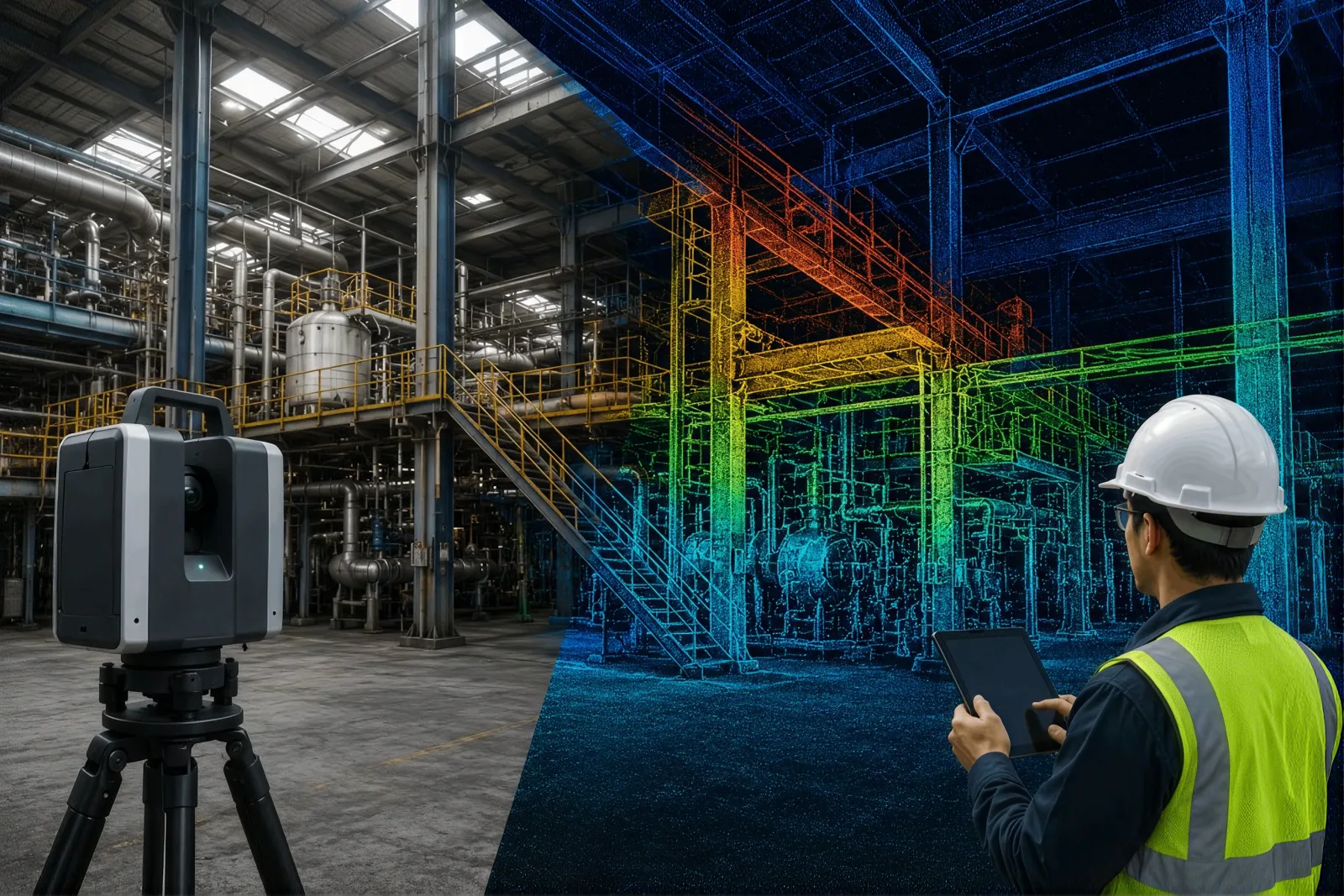 Terrestrial laser scanner in an industrial plant beside the colourised point cloud it produces, reviewed on a tablet