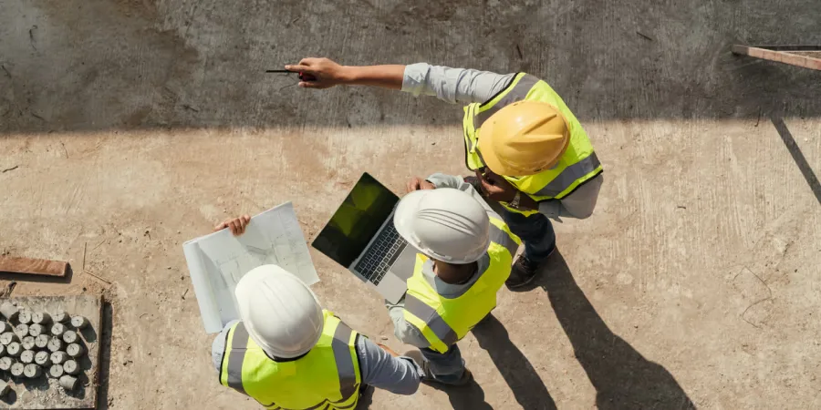 Site team reviewing plans and a laptop before construction starts