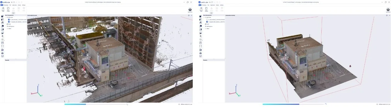Factory point cloud in LixelStudio, raw on the left and cropped to the BIM scope on the right
