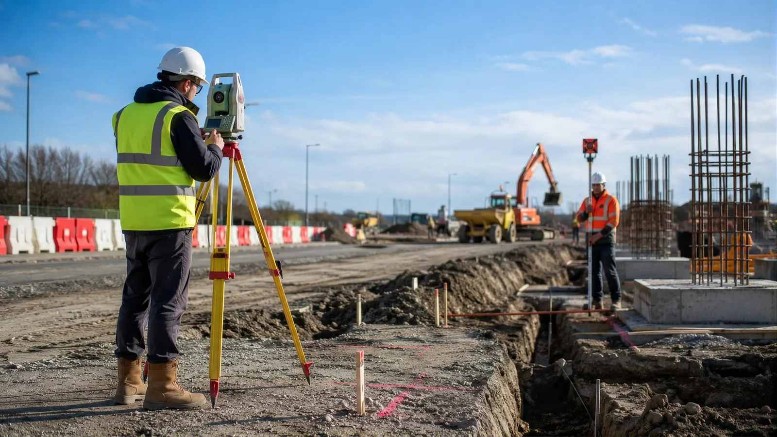 Surveyor with a total station setting out beside an excavation on a construction site