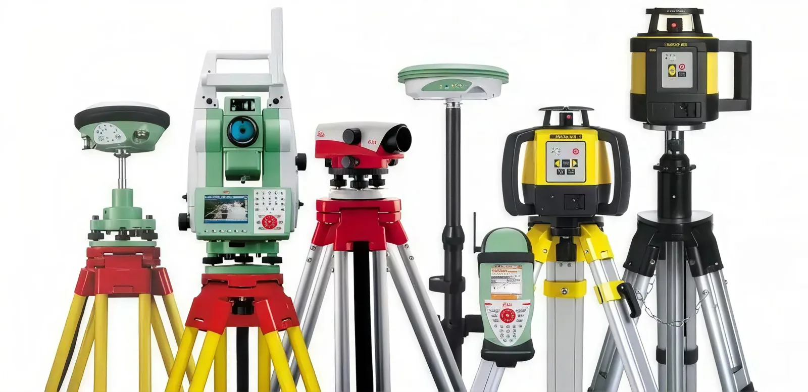 Surveying instruments on tripods: GNSS receivers, total stations, an auto level and a rotating laser