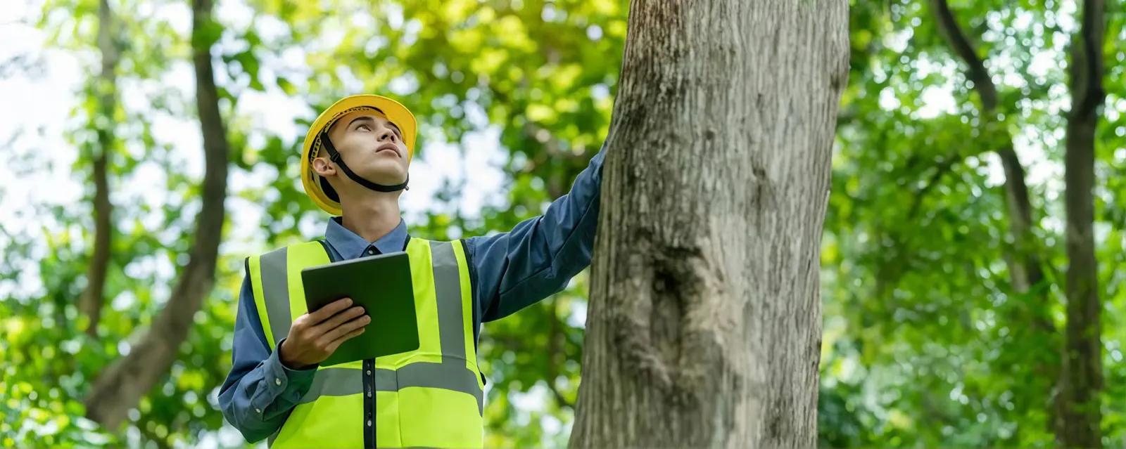 Surveyor in a hard hat recording a mature tree with a tablet