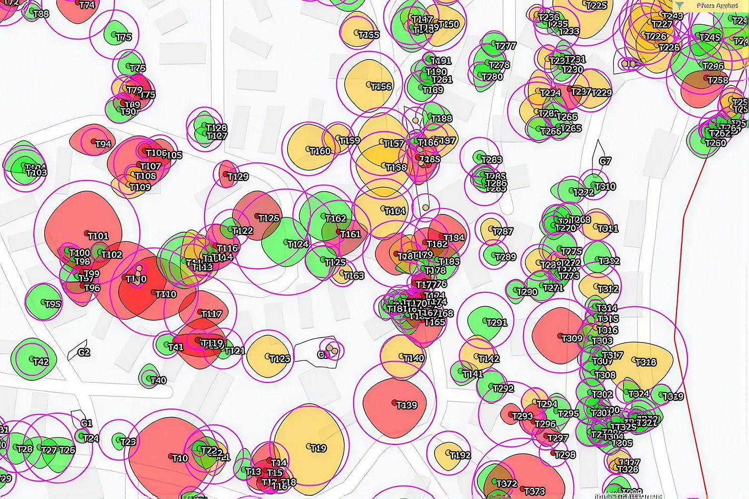 Tree survey plan with each tree tagged, sized by crown and colour-coded